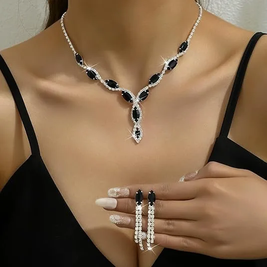 Marquise Black Stone Surrounded Clear Rhinestone V-Shape Pendant Necklaces Tassel Drop Earrings Jewelry Sets for Women view 3