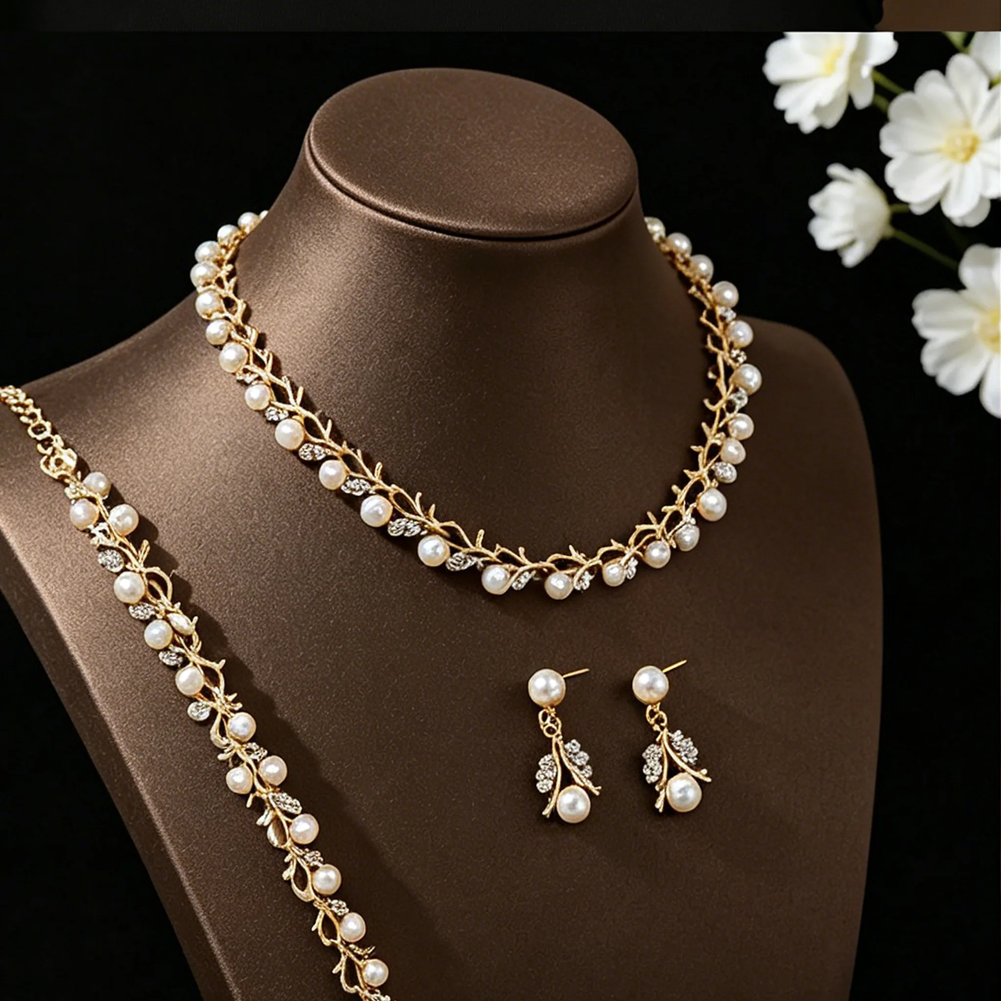 Imitation Pearl women luxury gold color fashion jewelry leaf shaped necklace bracelet drop earrings view 3