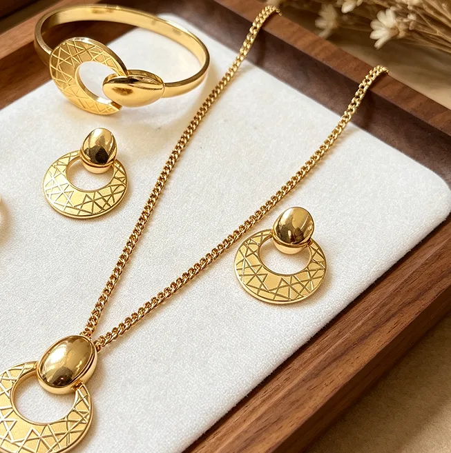 Retro Textured Double Circle Geometric Pendant Necklaces Cuff Bracelet Drop Earrings Ring Ethnic Women Statement chunky Jewelry sets view 3