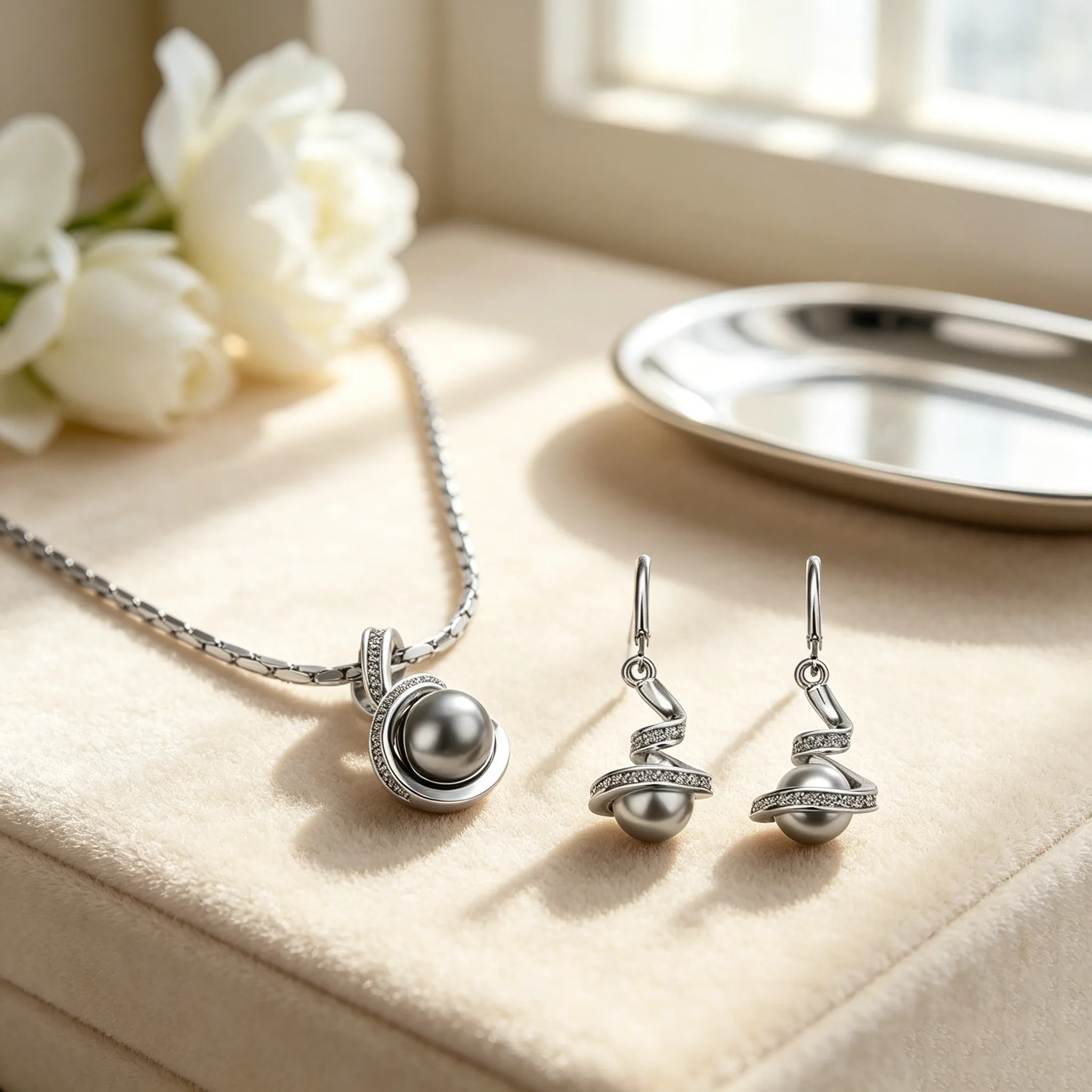 Modern Twisted Irregular Curve Pearl Pendant Necklaces Drop Earrings designer inspired Jewelry Sets for Women view 3