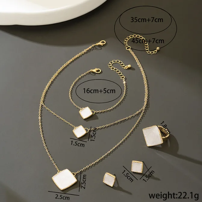 Minimalist Double Square Swirl Texture Pendant Necklaces Matching Bracelet Stud Earrings Adjustable Ring Elegant Office Daily Women Statement Jewelry view 2