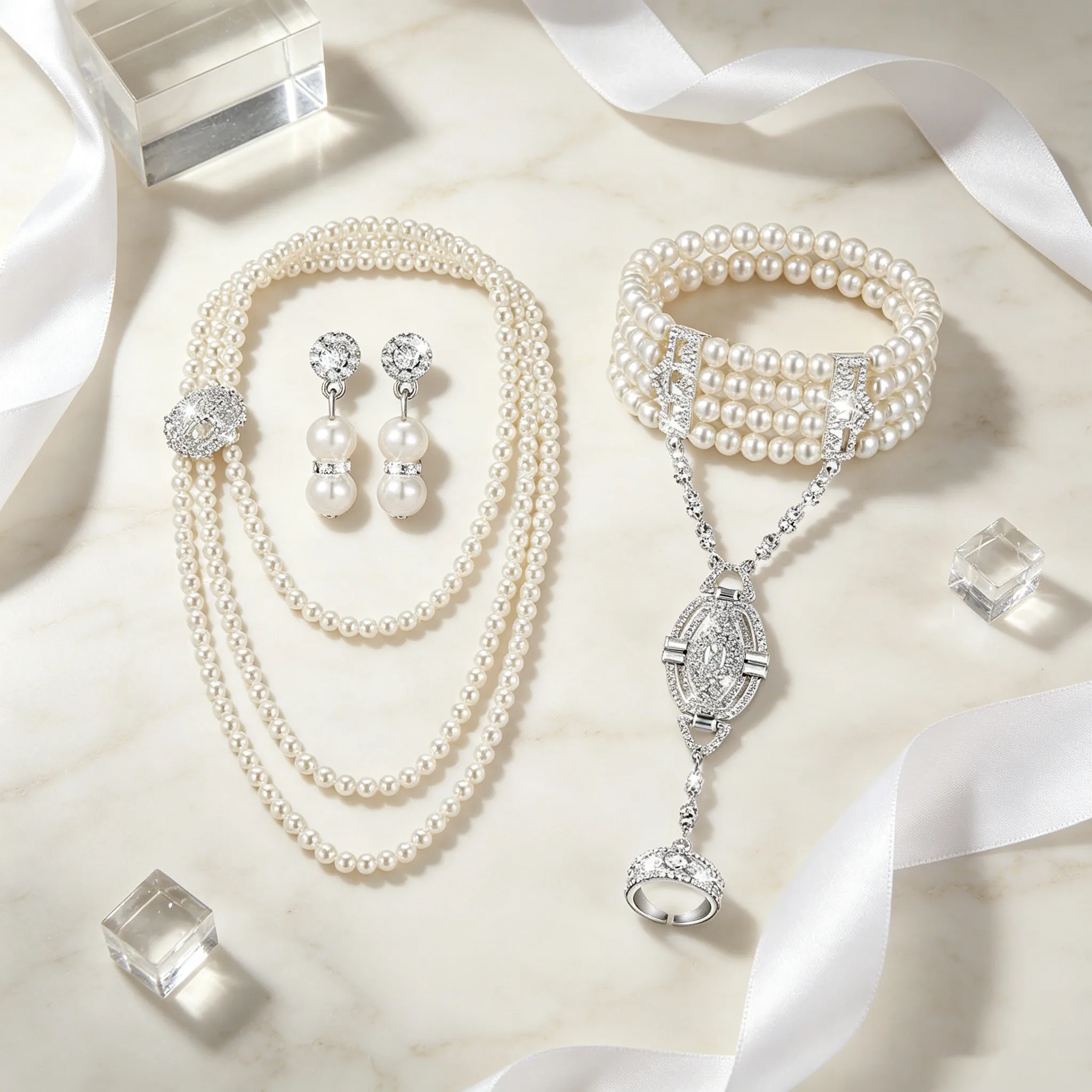 French long Imitation Pearl Necklaces Drop Earrings wide Bracelets ring Vintage MultilayerJewelry Sets for Women Wedding view 2