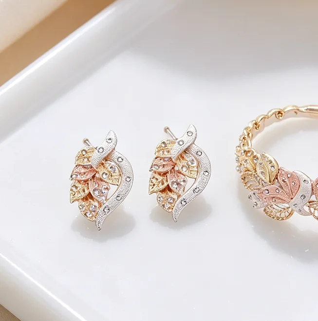 Luxury Two Tone Hollow Floral Leaf Y Drop Necklaces stud Earrings Cuff Bracelets Statement Rings Wedding Banquet Jewelry Sets view 3