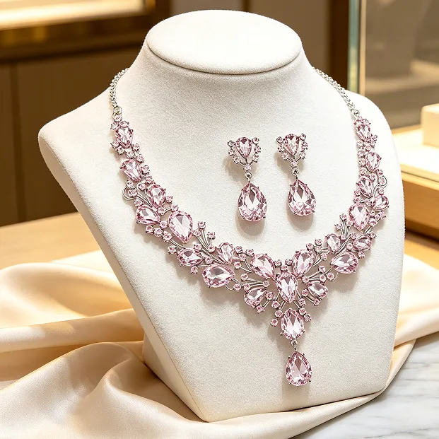 Romantic Floral Cluster Pink Teardrop purple Rhinestone Y Drop Bib Necklaces Dangle Earrings Women Prom Wedding Elegant fashion diamond Jewelry joias de luxo view 2