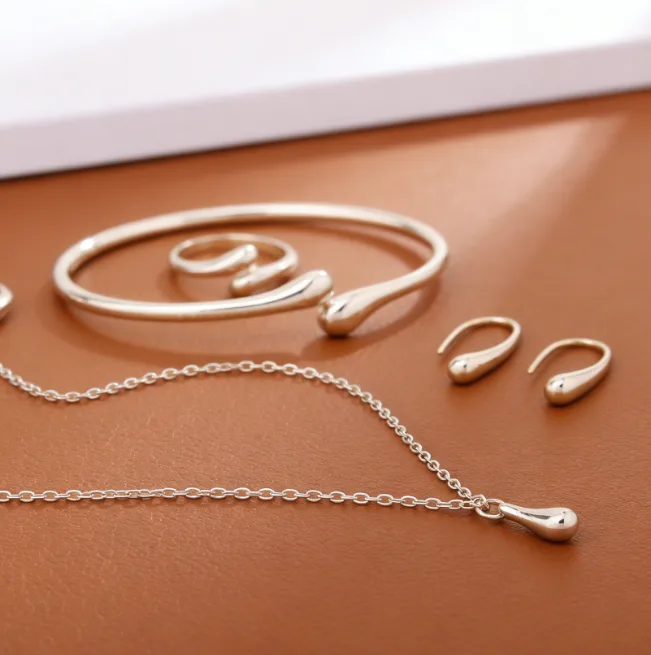 Minimalist Teardrop Pendant Necklaces Open Cuff Bangle Drop Earrings Adjustable Ring Versatile Smooth Golden Fashion Jewelry for women view 3