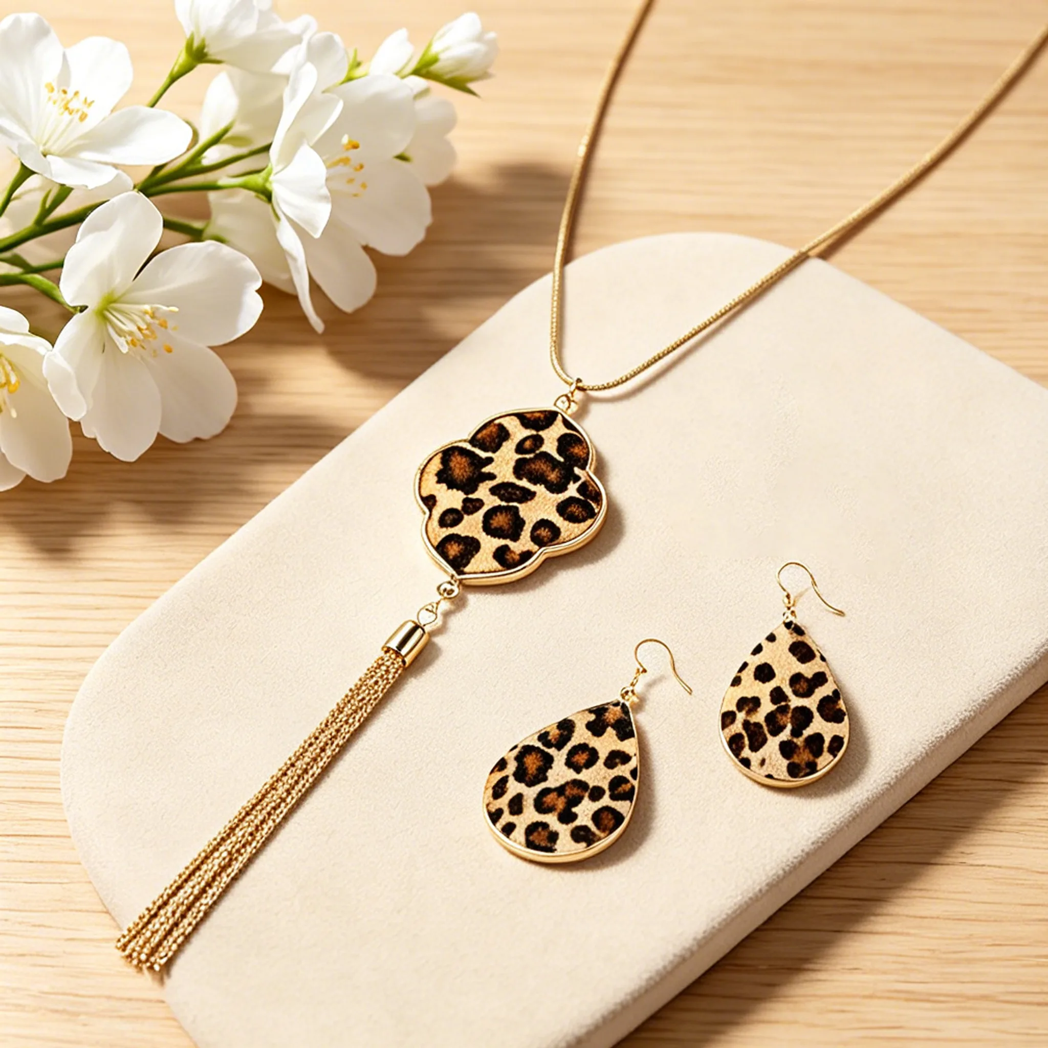 jewelry sets boho vintage Leopard print magnetic clasp leather bracelet earrings flower pendant necklaces for women set view 2