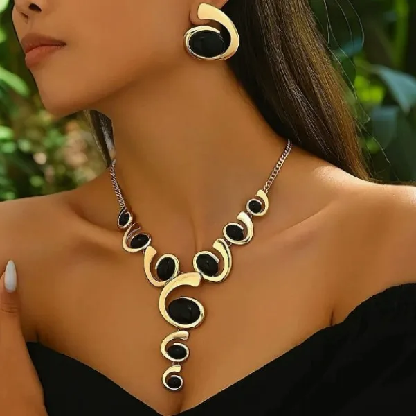 Modern Abstract Oval Black Stone Y-Shaped Necklaces Curved Frame Drop Earrings Women Trendy Party Statement chunky Jewelry Sets view 3