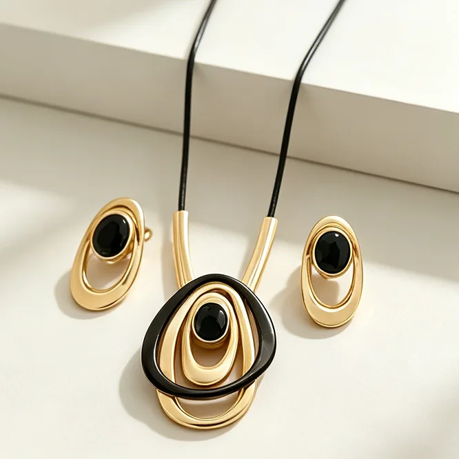 Vintage Two Tone Interlayer Oval Loop Pendant Necklaces Double Circle Stud Earrings Minimalist Business Women Statement chunky Jewelry view 2