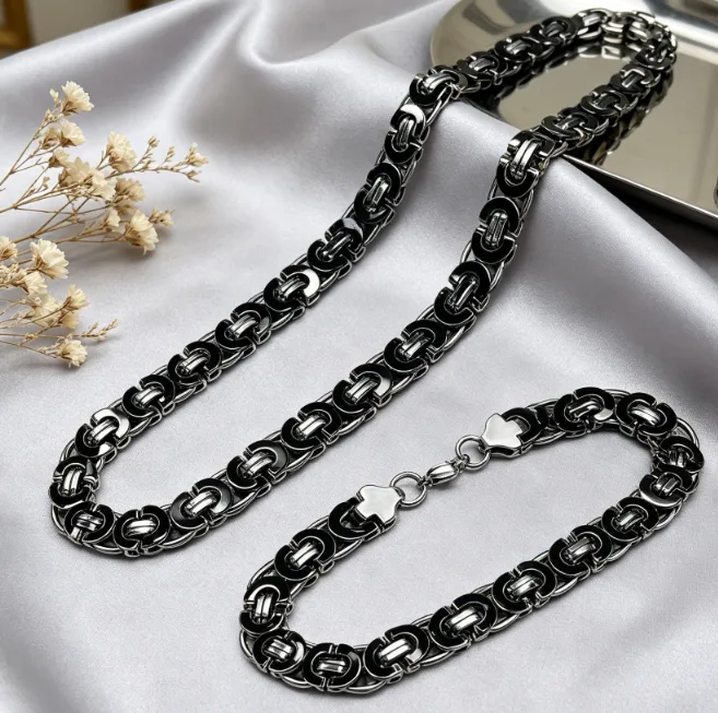 Two Tone Black Plated Stainless Steel Flat Rectangular Interlock Link Chain Necklaces Toggle Clasp Stainless Steel Flat Link Bracelets Men Punk Hip Hop Statement Jewelry Sets