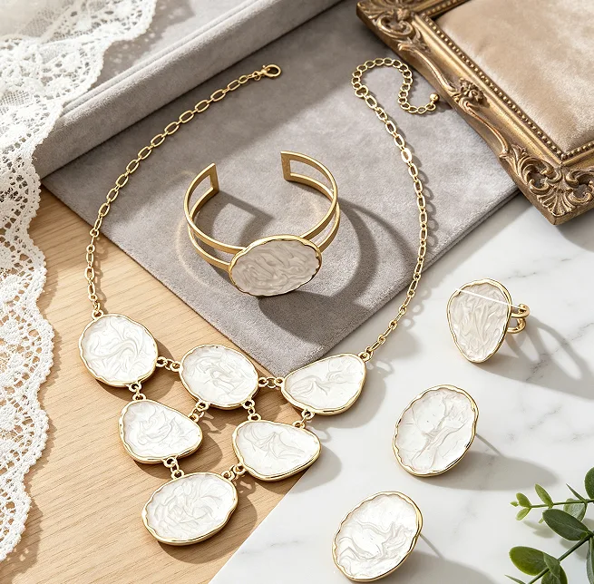Cream Swirl Texture Irregular Slice Bib Pendant Necklaces Matching Open Cuff Bracelet Stud Earrings Adjustable Ring Women Statement Jewelry