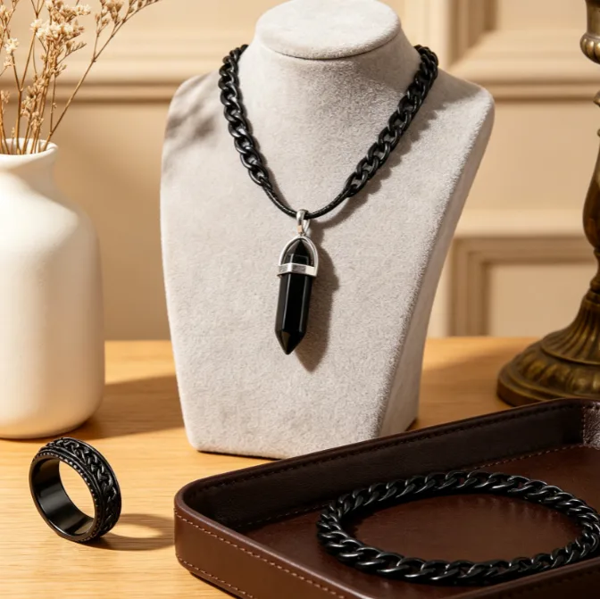 Vintage Black Bullet Pendant Necklaces Chunky Link Chain Bracelets Rings Punk Hip Hop Men Women fasshion Statement Jewelry Sets gift