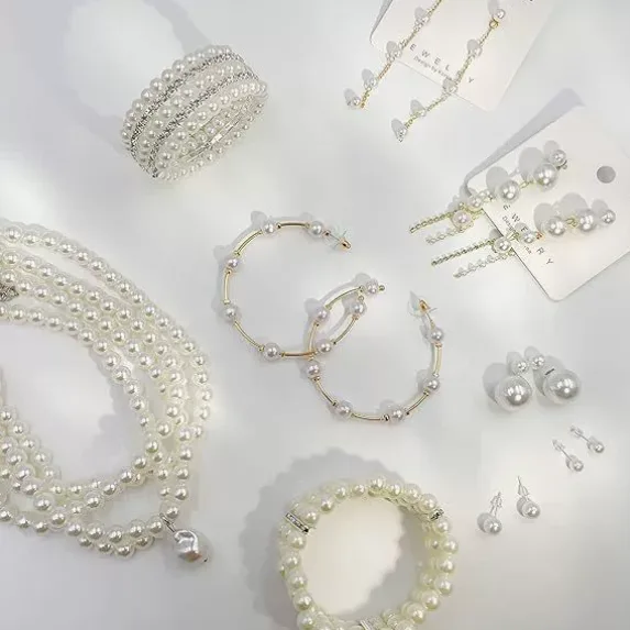 Romantic luxury Smooth Round Imitation Pearl Pendant long Necklaces earrings bracelet Sets jewelry pearl for Women Party Occasion Unique