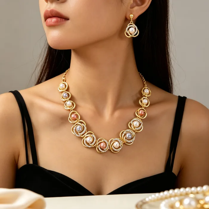 2026 Gold Plated Imitation Pearl Jewelry Sets Bamboo Chain Necklace Earrings Bridal Wedding Evening Party Accessories for Women view 3