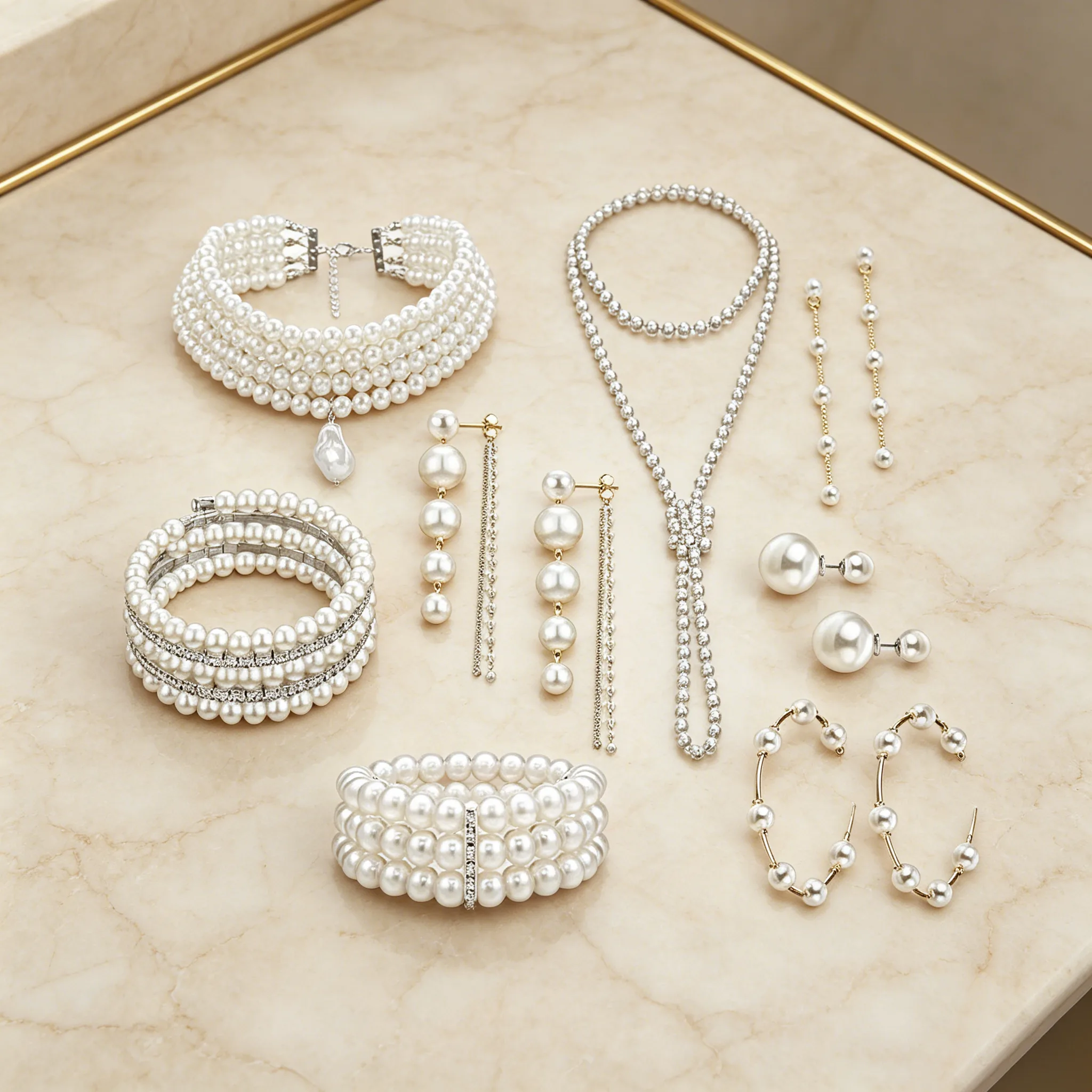 Romantic luxury Smooth Round Imitation Pearl Pendant long Necklaces earrings bracelet Sets jewelry pearl for Women Party Occasion Unique view 2