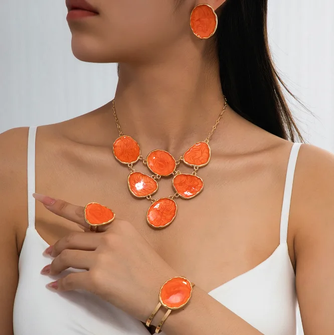 Vibrant Orange Swirl Glossy Irregular Round Slice Bib Necklaces Cuff Bracelet Stud Earrings Ring Summer Vacation Women Statement Jewelry view 3