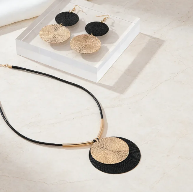 Contrast Two-Tone Textured Round Disc Pendant Necklaces Large Long Drop Earrings Bohemian chunky Statement Fashion Jewelry for women view 2