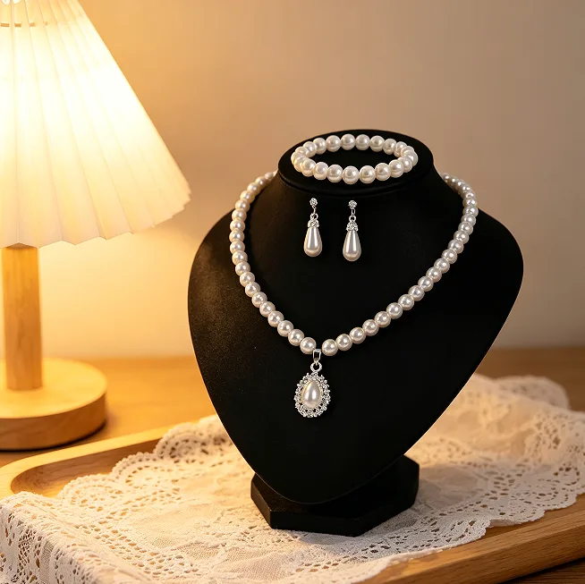 Elegant Pearl Pendant Necklaces Teardrop Drop Earrings Single Row Pearl Bracelets Women Wedding classic Jewelry Sets view 3