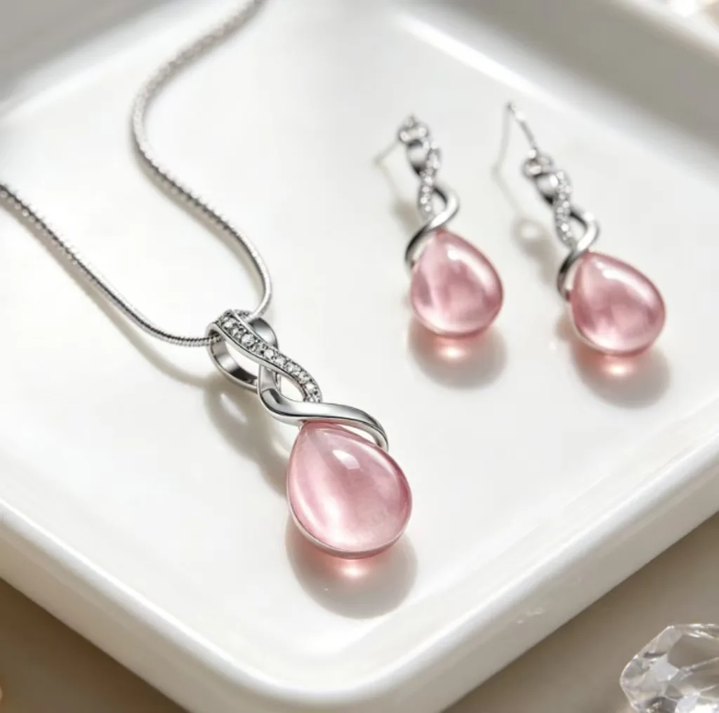 Y2K Pink Teardrop Cabochon Twisted Inlaid Snake Chain Pendant Necklaces Hook Dangle Earrings Charms for Women Gentle Romantic designer inspired Jewelry Sets