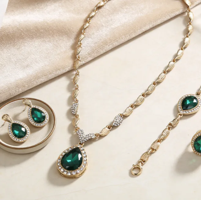 Emerald Tone Teardrop Halo Collar Necklaces Drop Earrings waterdrop Charms ring bracelet Wedding Banquet Jewelry for women set view 3