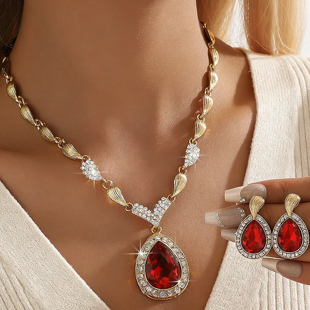 luxury Champagne Teardrop Halo Pendant Collar Necklaces Drop Earrings waterdrop Charms ring bracelet Wedding Jewelry for women set view 2