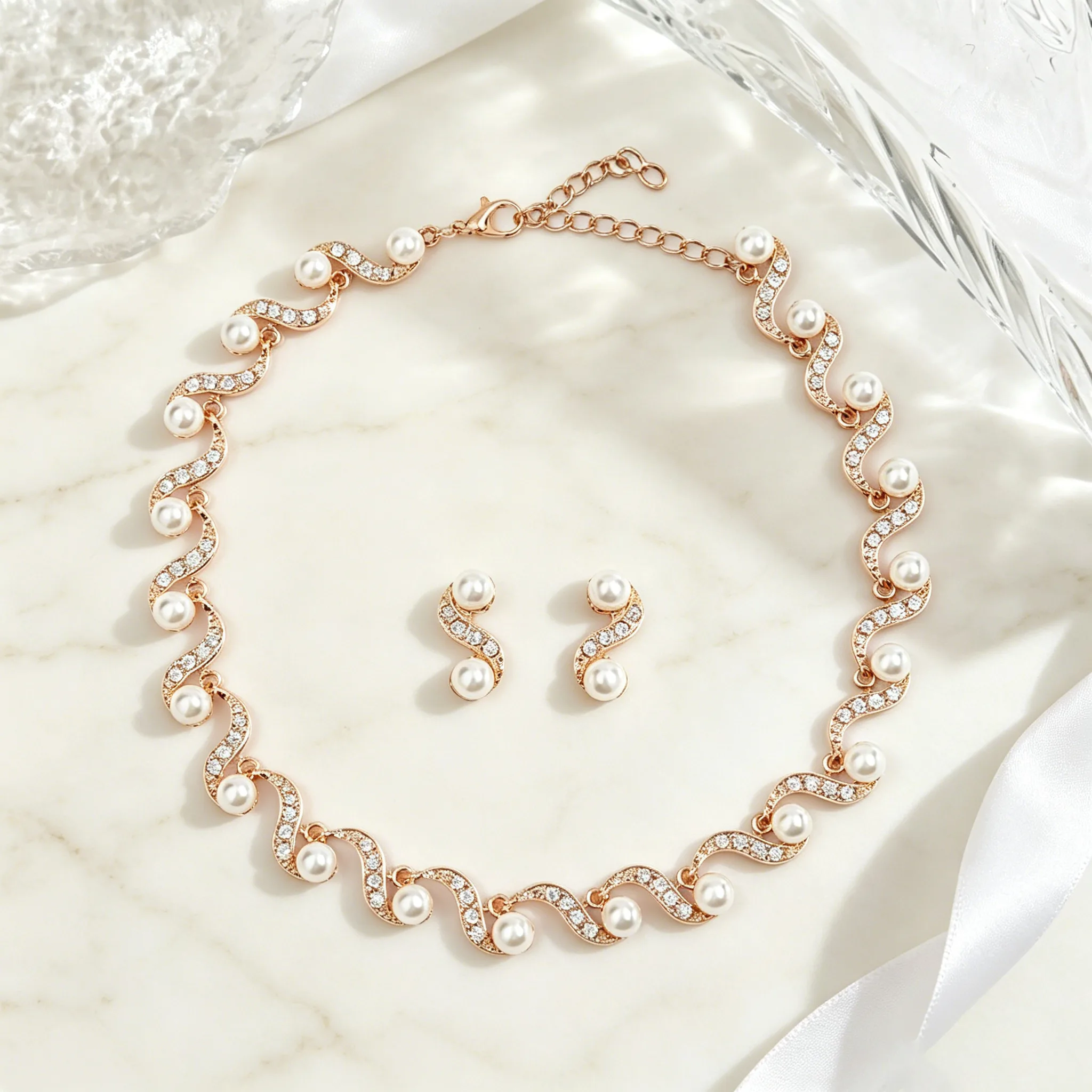 Elegant Wavy S Shape Pearl Rhinestone Choker Necklaces Matching Mini S Curve Pearl Stud Earrings Women Wedding Party Jewelry Sets