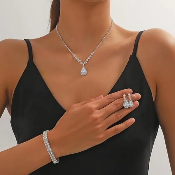 luxury waterdrop flower Rhinestone pendant Necklaces Drop Earrings Irregular Bracelets for bridal fashion Women Wedding Jewelry Sets view 2