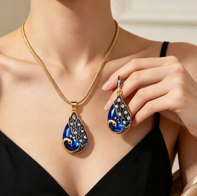 green Peacock Shape Teardrop Pendant Thin Link Necklaces Hook Drop Earrings Charms Bridal Wedding Elegant Party Jewelry for women view 2