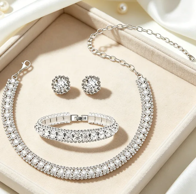 luxury All Round Rhinestone Choker Necklaces diamond Stud Earrings Tennis Bracelets Women Wedding party Bridal Jewelry Sets view 3