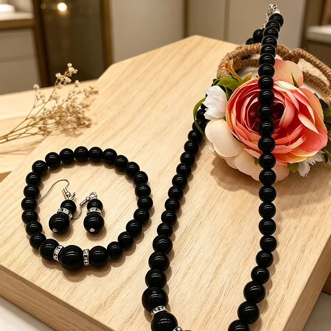 Minimalist Black Imitation Pearl Single Strand Necklaces Dangle Earrings Beaded Stretch Bracelets Women vintage Jewelry Sets