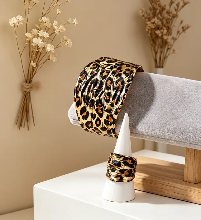 Vintage Leopard Print Irregular Wide Open Cuff Bangles Rings Exaggerated Street Women Fashion fancy jewelry Sets for ladies