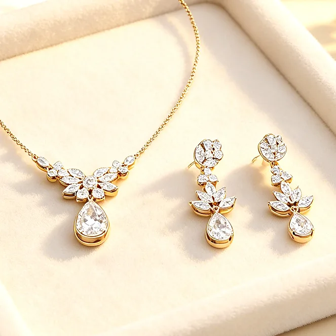 Elegant Floral Marquise Rhinestone Teardrop Pendant Necklaces Leaf Drop Dangle Earrings Women Bridal Wedding diamond Jewelry Sets view 2
