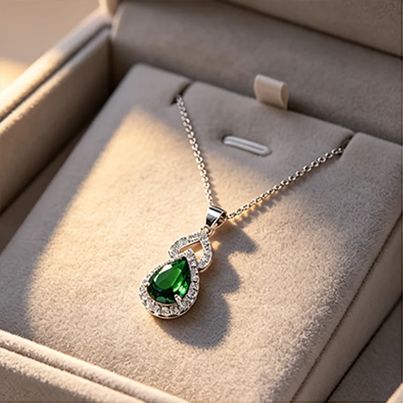 green Rhinestone Teardrop necklace Design wholesale hoops earrings bracelet ring for Women luxury Anniversary jewelry sets view 2