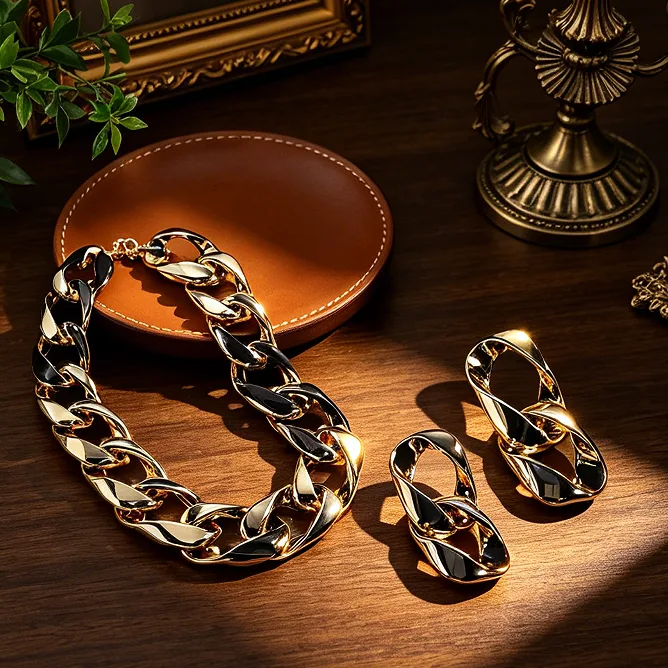 Chunky Twist Interlocking Chain Choker Necklaces Double Link Drop Earrings Minimalist Hip Hop chunky Women Men Statement Jewelry view 3
