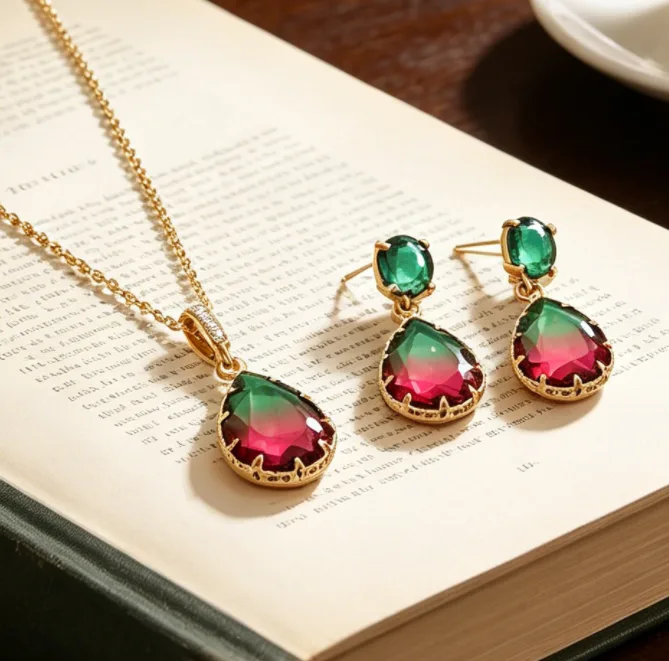 Copper Inlaid Zircon Bi-Color Teardrop Pendant Necklaces Gradient Water Drop Stud Earrings Wedding Banquet Elegant Women Fashion Jewelry