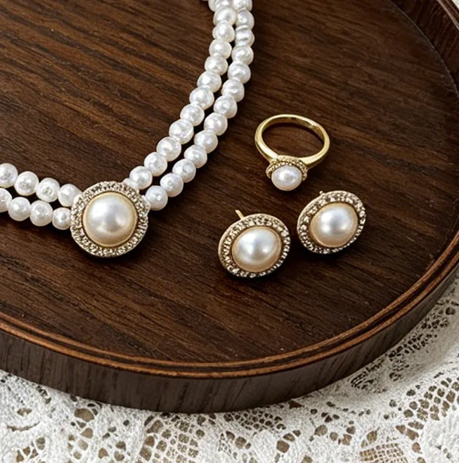Vintage Elegant Multi Layered Imitation pearl Choker Necklaces Stud Earrings Single Rings Women Bridal gift Jewelry Sets