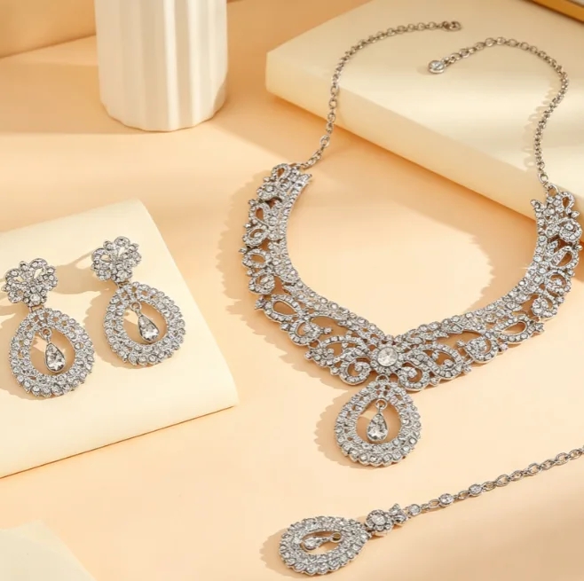 Silver Tone Hollow Teardrop Rhinestone Bridal Choker Necklaces diamond Drop Earrings Forehead Chain Glam Wedding Women Jewelry joias de luxo