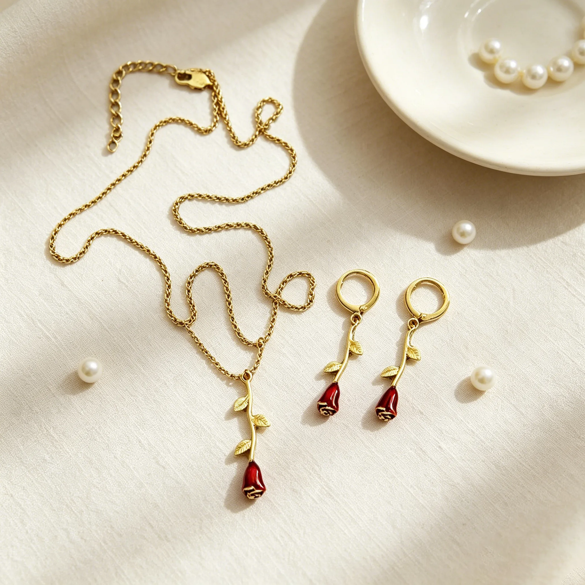 Vintage red Enamel Small Rhinestone rose Charm Pendant Necklaces Drop hoops Earrings Matching Two Piece Jewelry Sets For women
