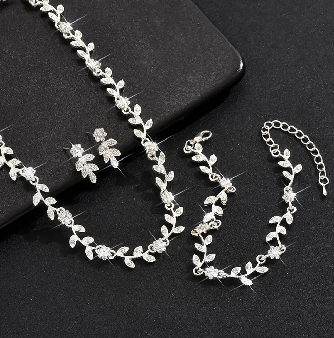 Dark Blue Camellia Rhinestone Vine Collar Necklaces flower Bracelet Floral Drop Earrings Wedding Party Delicate Elegant Fashion Jewelry for women view 2