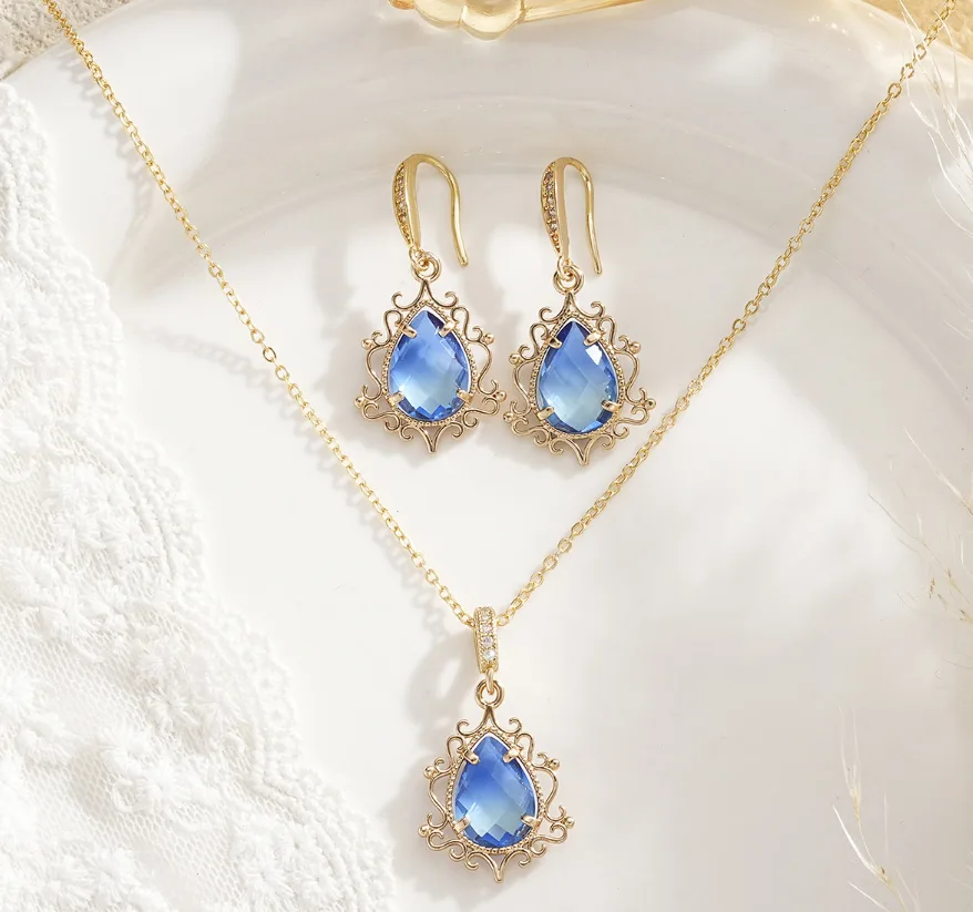 Copper Inlaid Zircon Vintage Hollow Filigree Teardrop Blue Gem Pendant Necklaces Hook Drop Earrings Wedding Banquet Elegant Women Jewelry view 3