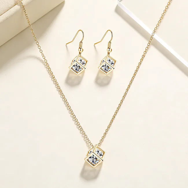 Copper Inlaid Zircon Cube Square Pendant Necklaces Geometric Hook Drop Earrings Minimalist Daily Party Women Statement Fashion Jewelry view 3