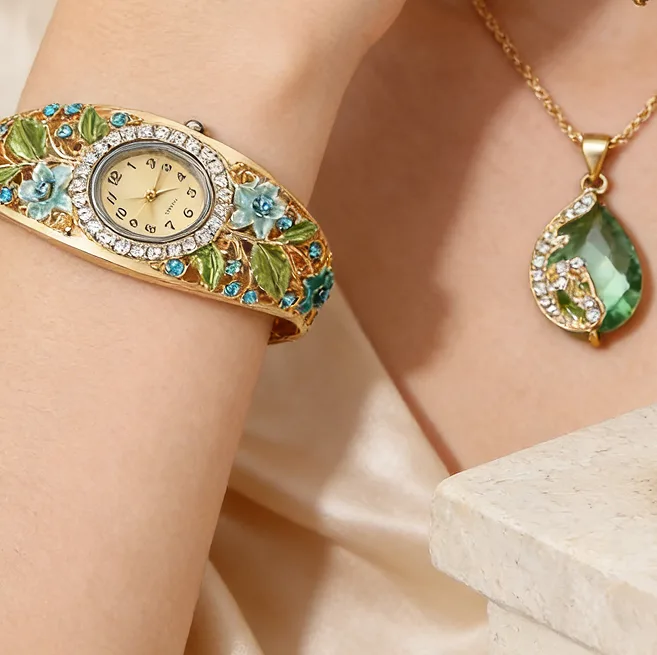 Vintage Court Floral Enamel Oval Wrist Watch Teardrop Pendant Necklaces Earrings Charms Adjustable Open ring Banquet Jewelry for women sets