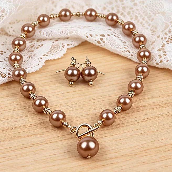 Elegant Single Strand Champagne beaded Pearl OT Toggle Clasp Necklaces Drop Earrings Women luxury statement Jewelry Sets view 2