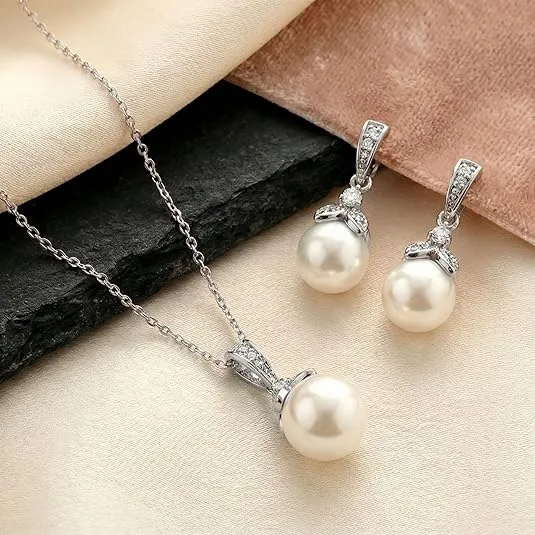 French Elegant Rhinestone Pearl Pendant Necklaces Round Imitation Pearl Drop Earrings classic Jewelry Sets for Women Daily Bridal view 3
