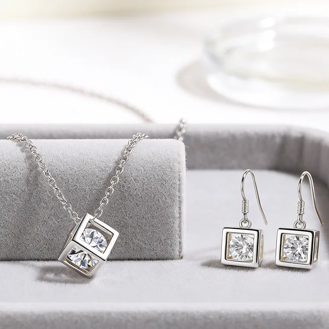 Copper Inlaid Zircon Cube Square Pendant Necklaces Geometric Hook Drop Earrings Minimalist Daily Party Women Statement Fashion Jewelry