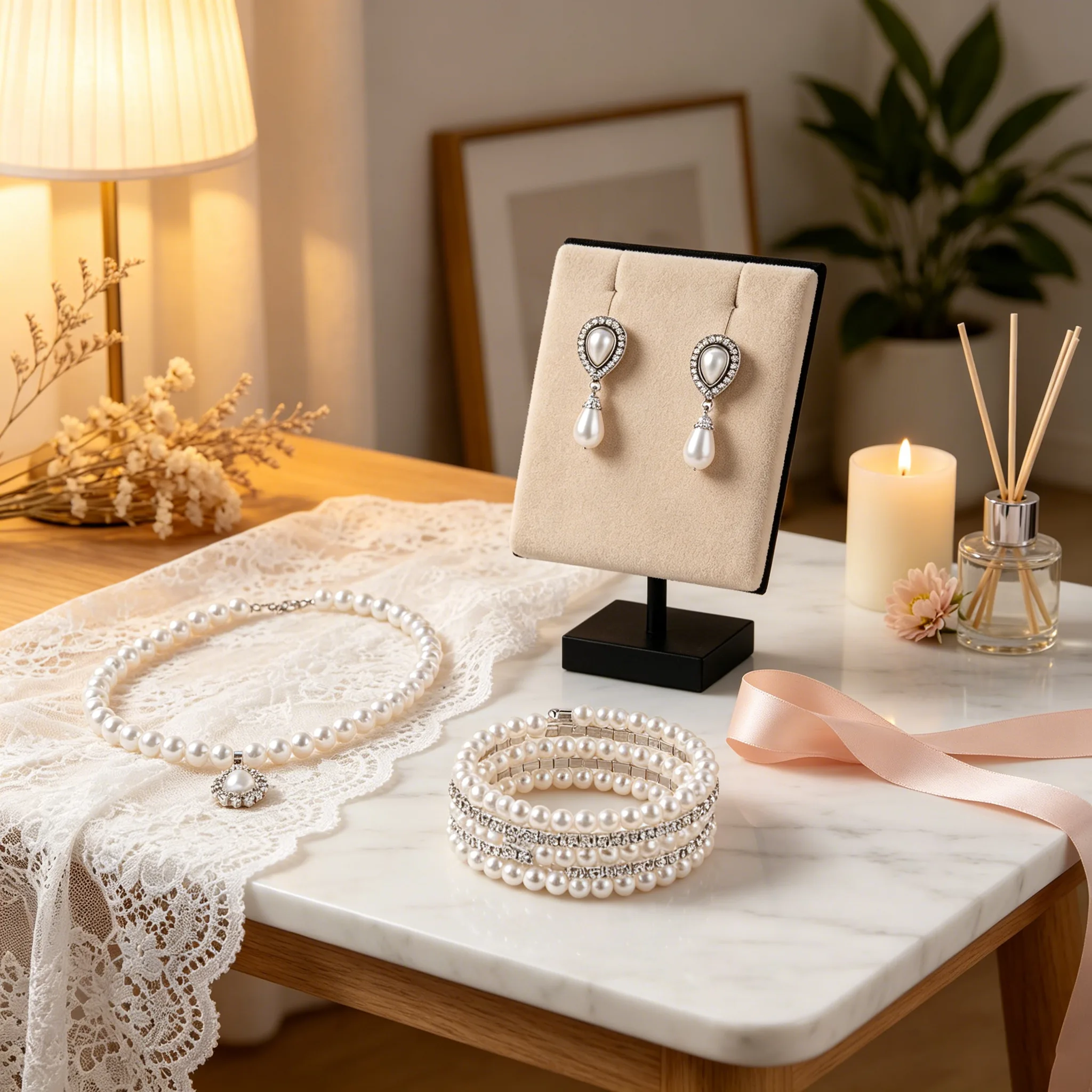 Fashion Multi Tier Pearl Tassel Necklaces Varied Length Pearl Drop Earrings Wide Row Pearl Link Bracelets Women Stack Jewelry Sets for gift view 2