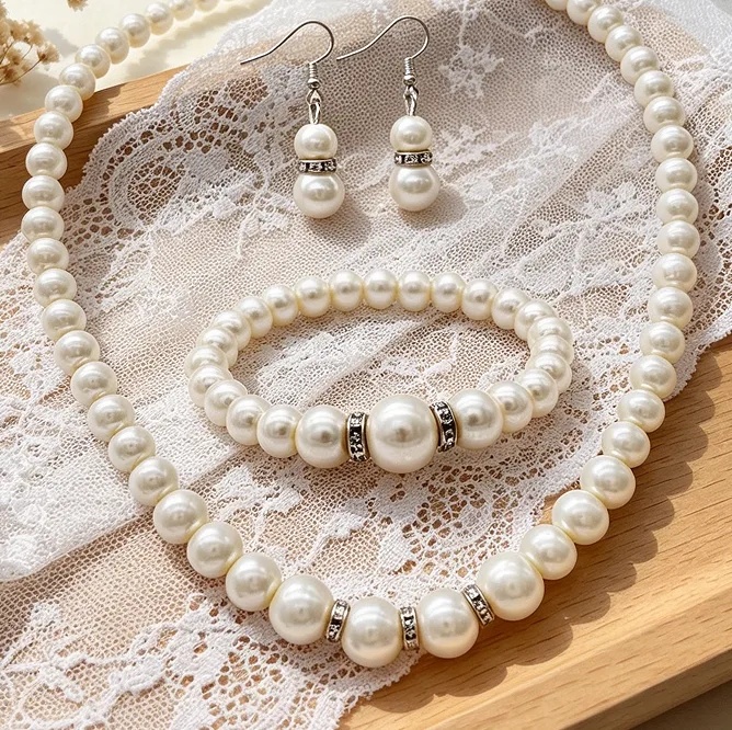 Minimalist white Imitation Pearl Single Strand Necklaces Dangle Earrings Beaded Stretch Bracelets Women classic Jewelry Sets view 3