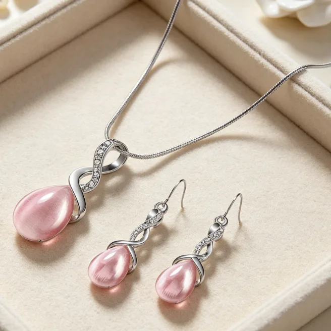Y2K Pink Teardrop Cabochon Twisted Inlaid Snake Chain Pendant Necklaces Hook Dangle Earrings Charms for Women Gentle Romantic designer inspired Jewelry Sets view 3