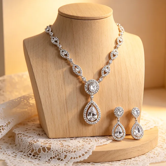 French Elegant Oval Link Rhinestone Teardrop Pendant Necklaces Two-Tier Teardrop diamond Earrings Women Wedding Banquet Jewelry Sets view 3