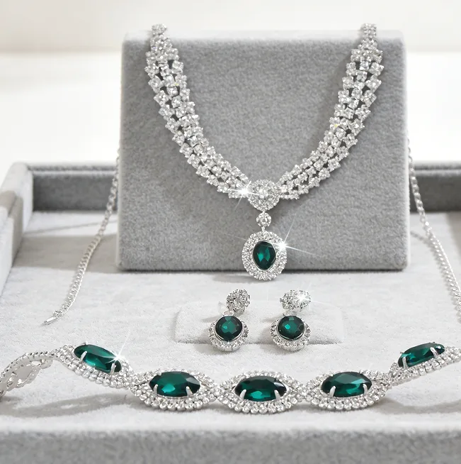 Vintage Royal Luxury green Rhinestone Pendant Necklaces diamond Bracelet Drop Earrings Wedding Banquet Women Statement Jewelry view 2