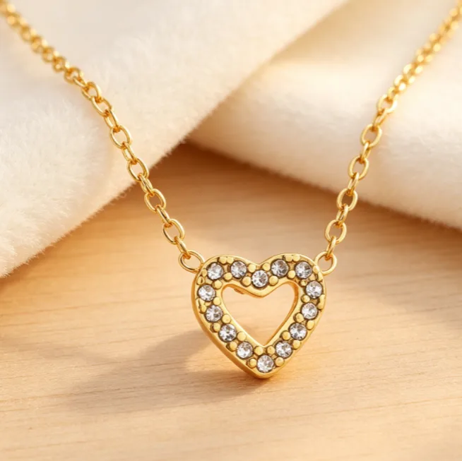 Waterproof Anti-fade Stainless Steel Shiny Zircon Hollow Heart Pendant Necklaces Stud Earrings Dainty Love Women Jewelry Sets view 2